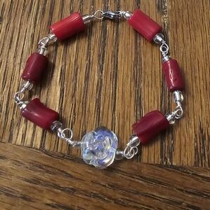 Chic Red Fire Coral and Rose Crystal Silver Beaded Bracelet